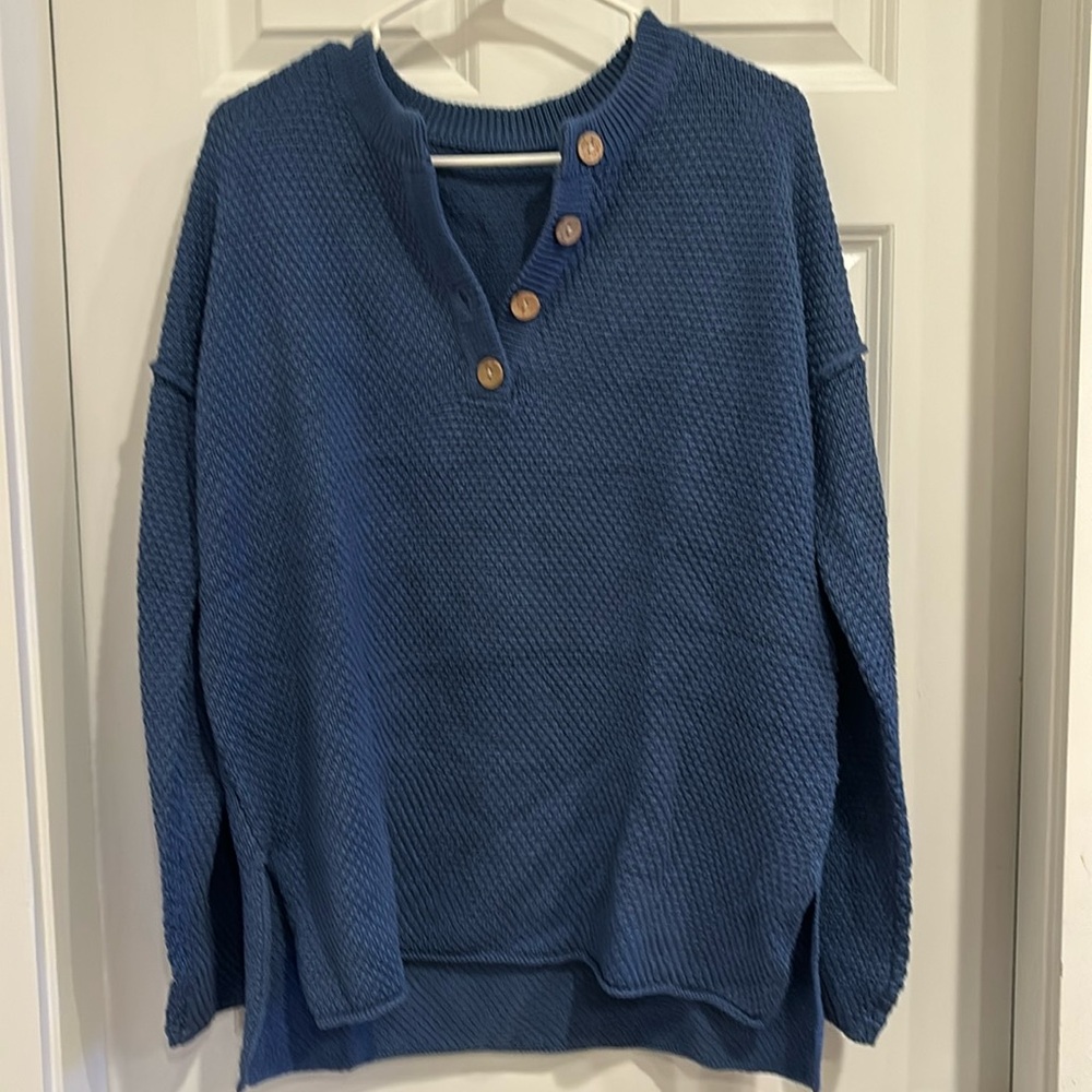 Large blue sweater with buttons from Amazon